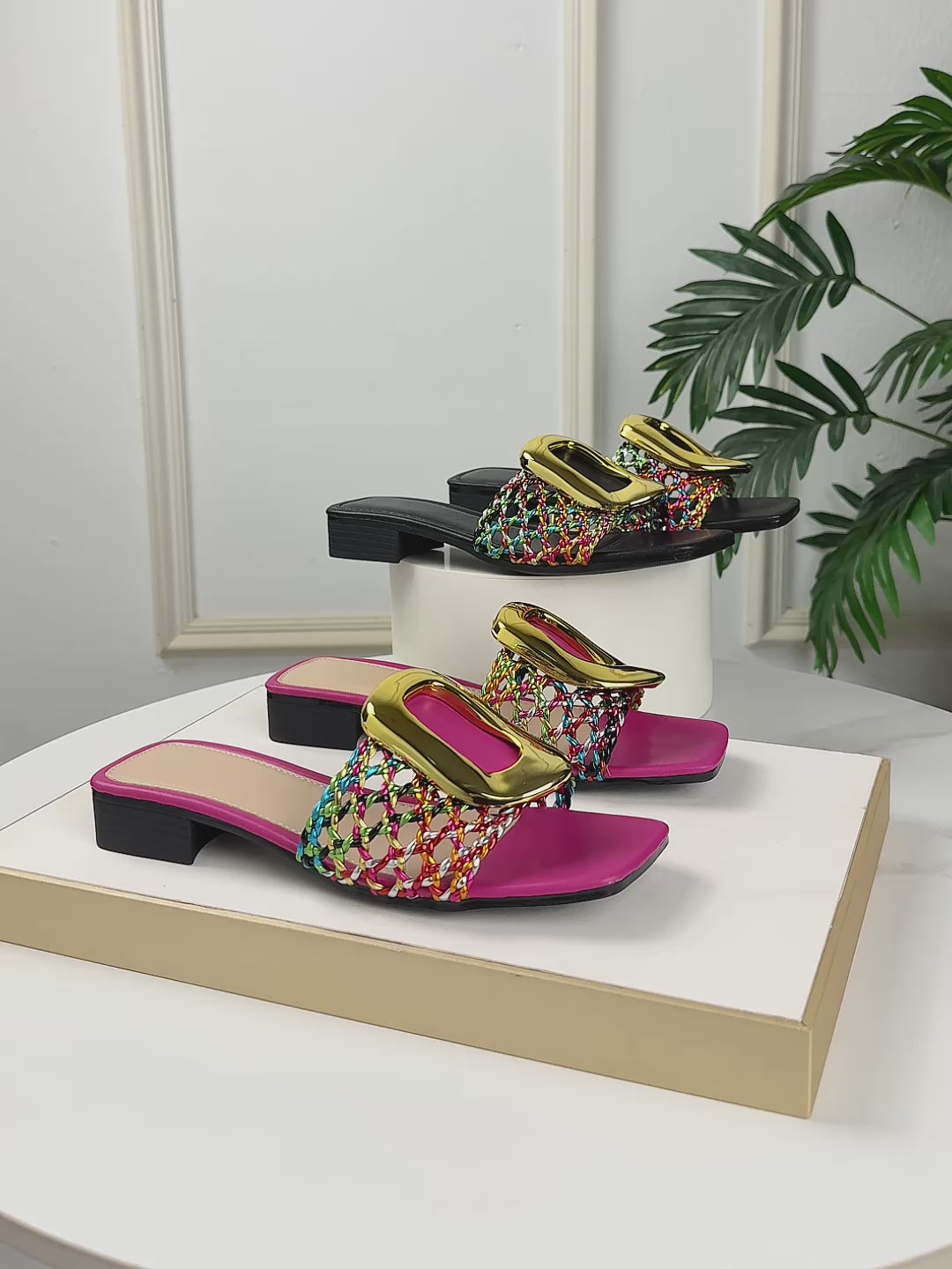 Elegant Women's Slip-On Heeled Sandals, Fashionable Woven Synthetic Open-Toe with Golden Buckle, Suitable for Banquets, Casual Wear, Weddings, and Travel, Women Shoes